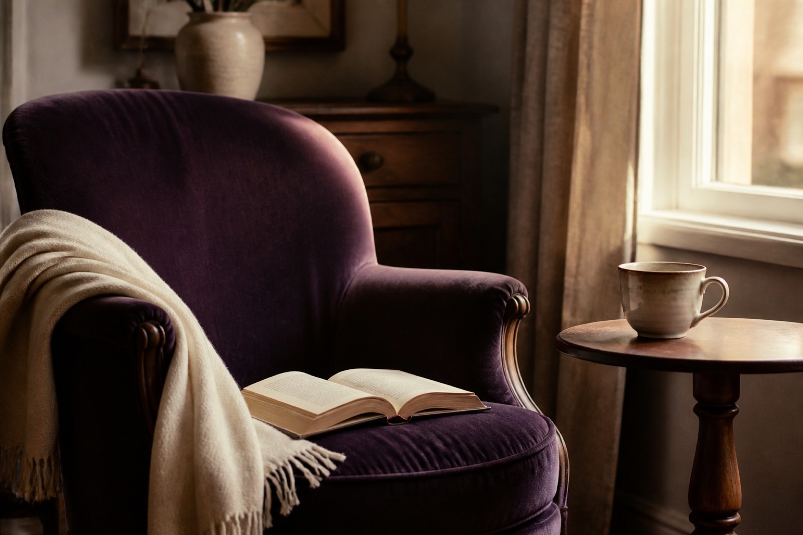 A vintage armchair upholstered in deep purple velvet, an open book on the seat and a small side table with a ceramic mug