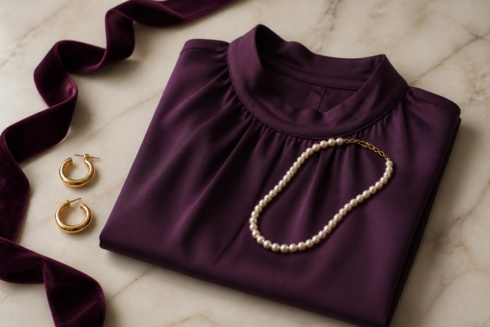 A folded aubergine silk blouse on marble, a strand of pearls resting across it, small gold hoop earrings and a plum velvet ribbon beside