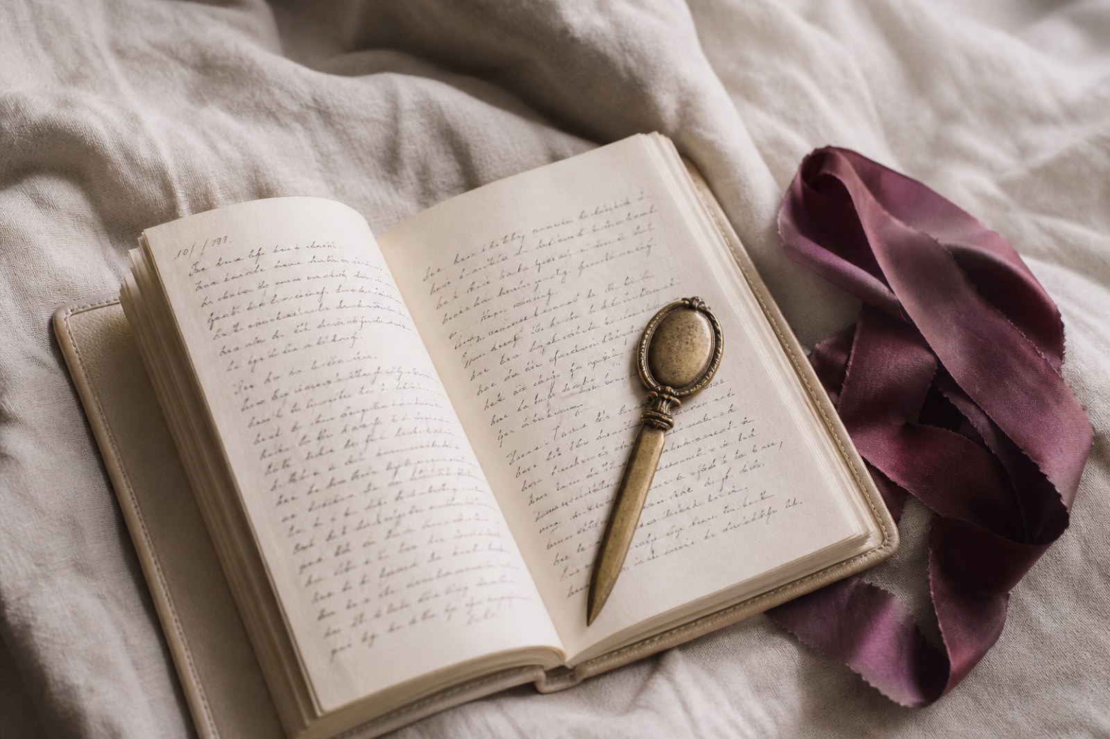 An open cream leather journal with handwritten notes on linen, a brass letter opener resting across it and a plum silk ribbon nearby