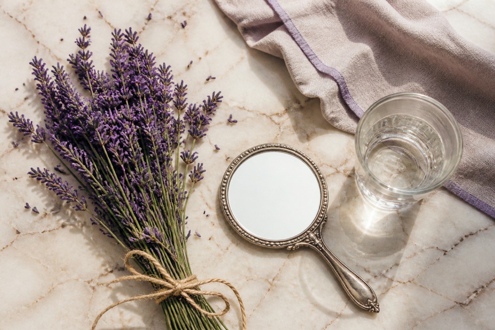 Lavender tied with twine on marble, a silver hand mirror and a linen napkin