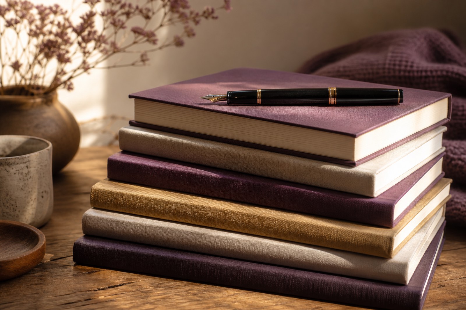 A tall stack of hardcover journals in shades of plum, cream and gold with a black fountain pen resting on top